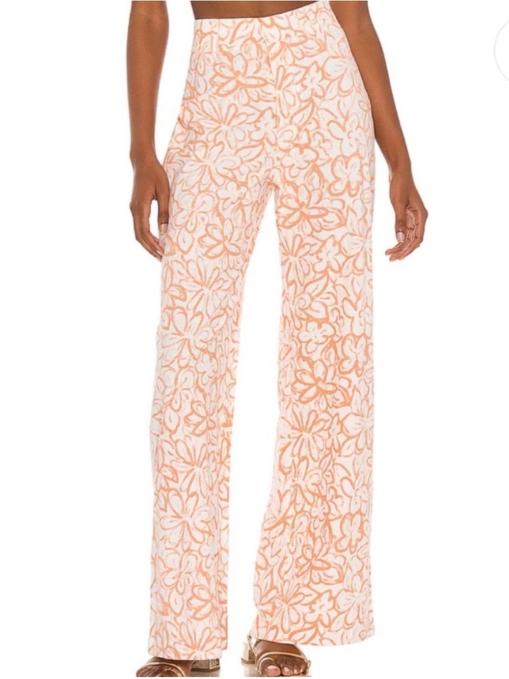 Free People Love So Right White & Peach Floral High Waist Wide Leg Pants 6